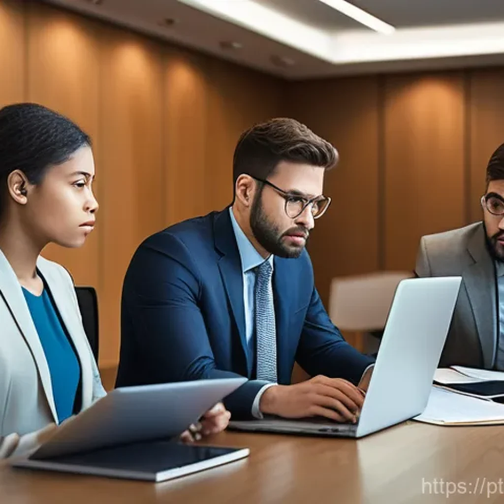 정보 다이어트법으로 효율적인 회의 진행하기 - **Information Overload Meeting:** A diverse group of four professionals in business casual attire ar...