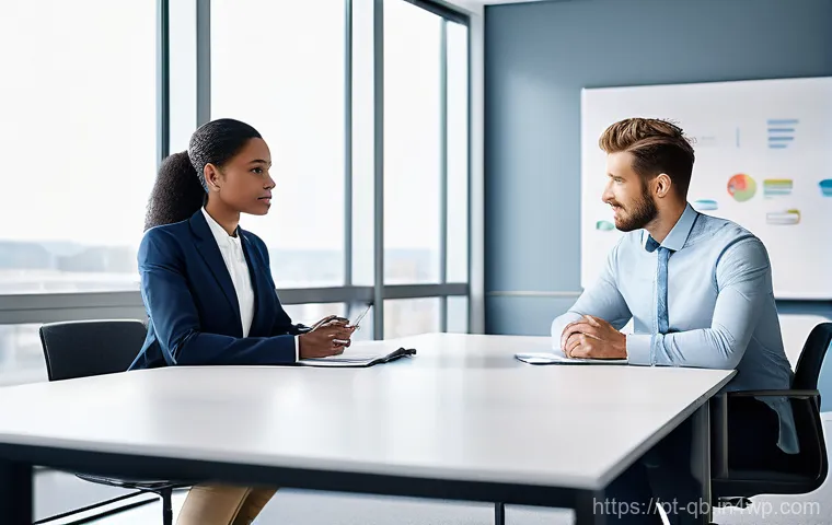 정보 다이어트법으로 효율적인 회의 진행하기 - **Information Overload Meeting:** A diverse group of four professionals in business casual attire ar...