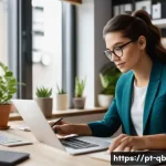 주간 정보 소비 계획 수립하기 - A modern home office scene featuring a young professional woman in casual business attire, sitting a...