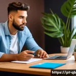 정보 다이어트법과 문화 변화 - A young Brazilian professional sitting at a modern wooden desk in a cozy home office, wearing casual...