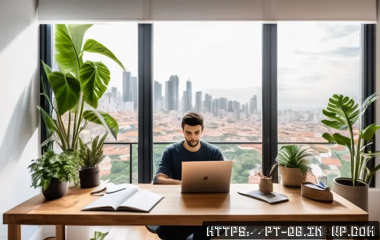 정보 다이어트법과 창의성 증진 - A modern, cozy home office setting in a bright São Paulo apartment, featuring a neatly organized des...