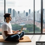 정보 다이어트법과 정신 건강 - A serene home office scene depicting a young Brazilian professional taking a mindful break from digi...