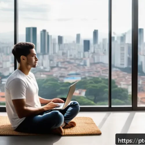 정보 다이어트법과 정신 건강 - A serene home office scene depicting a young Brazilian professional taking a mindful break from digi...