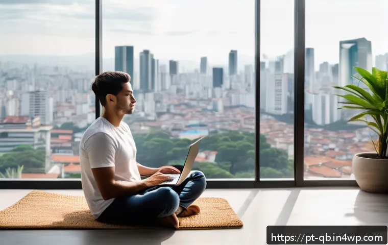 정보 다이어트법과 정신 건강 - A serene home office scene depicting a young Brazilian professional taking a mindful break from digi...