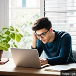 Home 19 일상에서 디지털 기기 사용 줄이기 - A cozy home office scene showing a young adult using a laptop with smartphone placed face down on th...