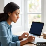 Home 23 정보 다이어트법과 정보 환경 변화 - A focused young professional sitting at a modern desk in a cozy home office, surrounded by neatly or...