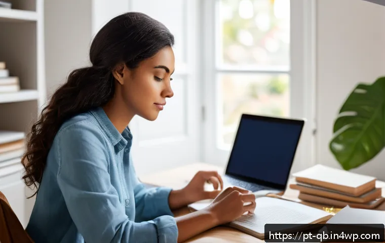 정보 다이어트법과 정보 환경 변화 - A focused young professional sitting at a modern desk in a cozy home office, surrounded by neatly or...